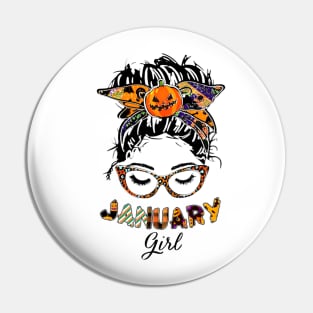 January Girl Halloween Face Wink Eyes Pumpkin Pin