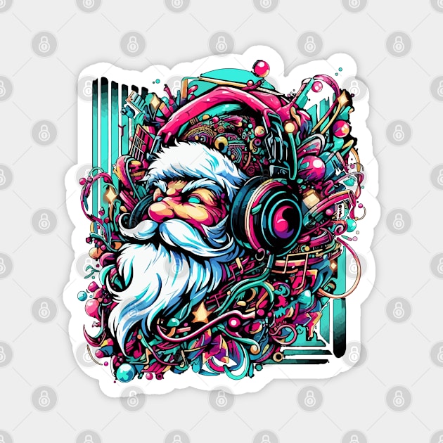 Santa Claus with headphones on his ears listening to music Magnet by T-Shirt Paradise