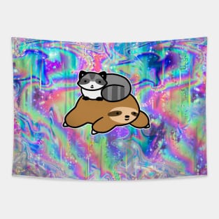 Little Raccoon and Sloth Rainbow Hologram Tapestry