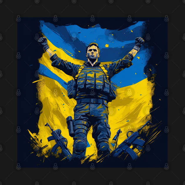 soldier holding Ukraine flag, illustration, painting style by Maverick Media