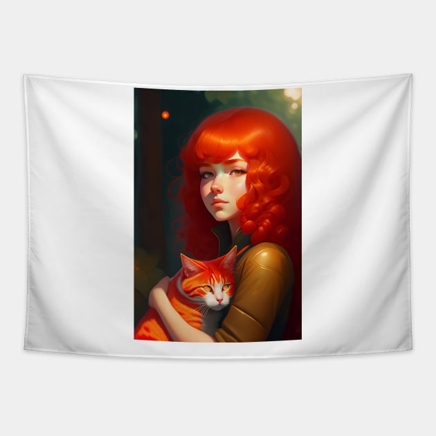 A red curly hair girl holds a red cat Tapestry by Fun and Cool Tees