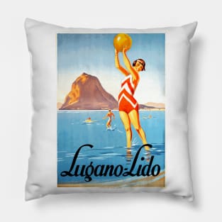 Vintage Travel Poster - The Beach at Lugano, Switzerland Pillow