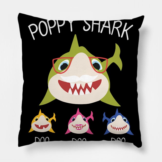Sharks Swimming Together Happy Father Day Poppy Shark Doo Doo Doo Grandson Granddaughter Pillow by DainaMotteut