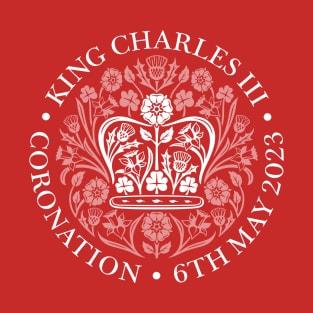 King Charles III Official Coronation Emblem white on red T-Shirt