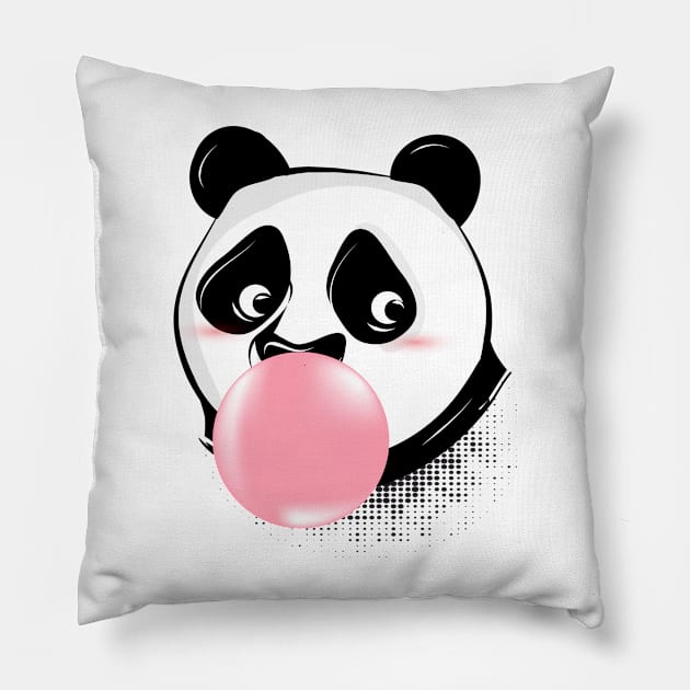 Panda makes bubble gum bubble with pink gum Pillow by Kisho