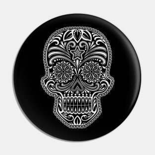 Intricate White and Black Sugar Skull Pin