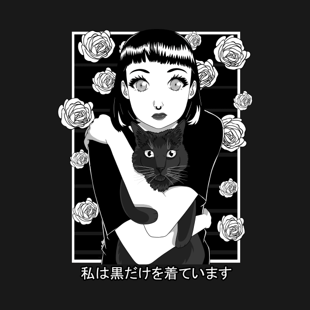 Goth Anime Girl Black Cat Japanese Vaporware Aesthetic by Noseking