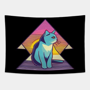 Vintage 80s Geometric Cat with Sunset Tapestry