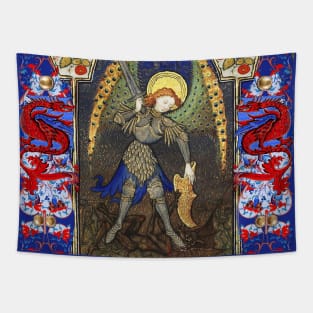 ST. MICHAEL ARCHANGEL COMBATTING DEVIL AND RED DRAGONS Medieval Miniature Tapestry