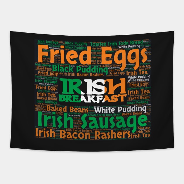 Full Irish Breakfast Ingredients Word Cloud Flag Ireland Tapestry by BubbleMench