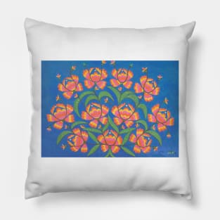 Maria Primachenko - a bunch of red flowers on read army day 1970 Pillow