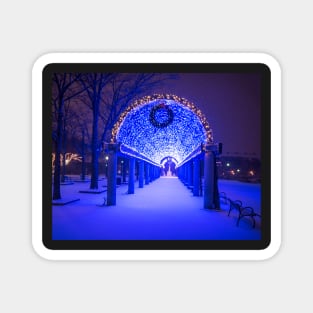 Christopher Columbus Park Trellis lit up for Christmas Snowstorm Boston MA Bench Magnet