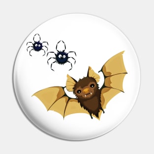 Flying bat with two black spiders - Halloween design Pin