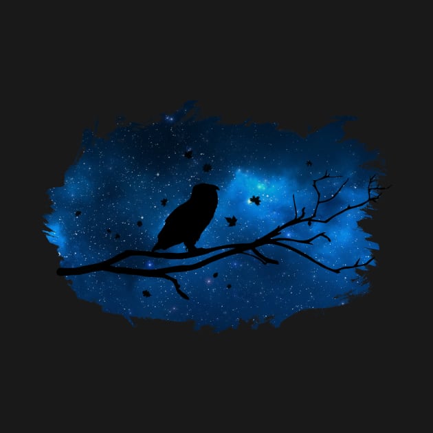 Owl on a tree and galaxy sky (blue) slhouette - Birds lover - Animals lover - Vegan by Vane22april