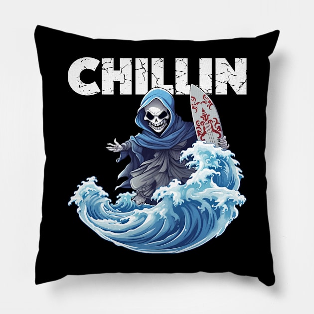 Skeleton Surfer - Chillin (White Lettering) Pillow by VelvetRoom