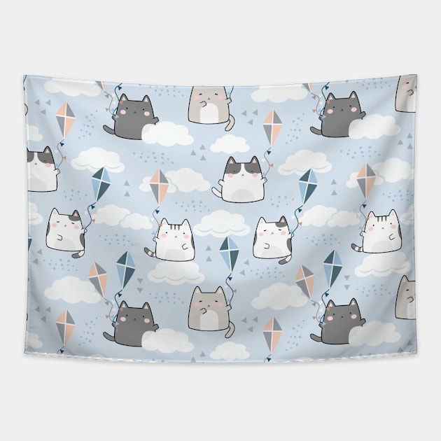 Seamless Pattern Kite Cute Kawaii Cats Tapestry by jodotodesign