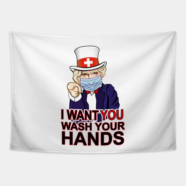 Uncle Sam of UNITED STATES AMERICA. Want you to wash your hands poster design. Coronavirus (COVID-19) protection. Tapestry by Agras