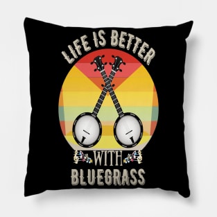 Life Is Better With Bluegrass, Retro Sunset Banjo Player Gift Pillow