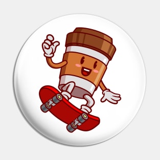 Coffee cup cartoon character, Coffee cup with skateboard Pin