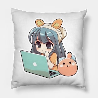 Kawaii Anime girl using laptop Pillow