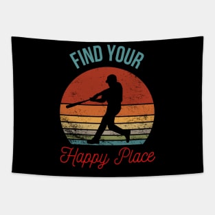 Find Your Happy Place - Baseball Player Silhouette over Retro Sunset Tapestry