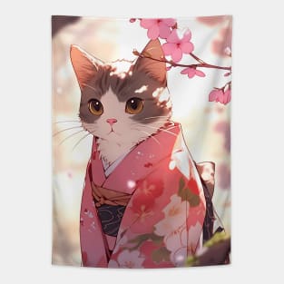 Cute Adorable Cat wearing a Kimono - Anime Wallpaper Tapestry