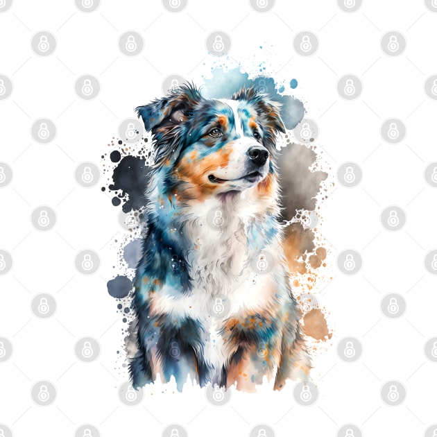 Colorful Australian Shepherd Watercolor Art by doglovershirts