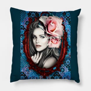 Beautiful Girl WITH ROSES in the Frame digital Art Fine ARTWORK Pillow