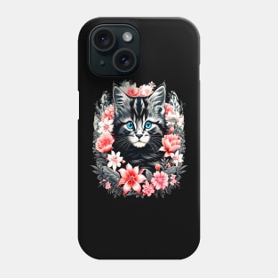 Black and Grey Kitten Surrounded by Spring Flowers Phone Case