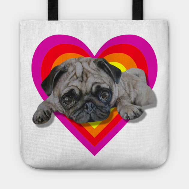 Adorable realistic pug painting on a digital vibrant heart - Pug - Tote