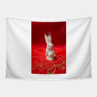 White bunny on red background Tapestry