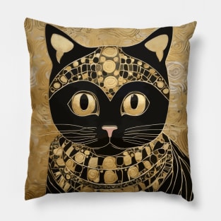 Black and Gold Klimt Cat in Egyptian Costume Pillow