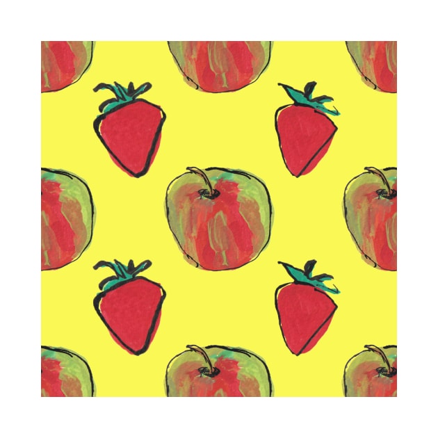 Apples and strawberries on yellow by Kimmygowland