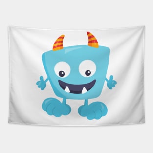 Cute Monster, Blue Monster, Funny Monster, Horns Tapestry