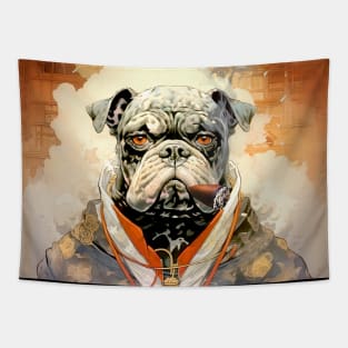 Cigar Smoking Bulldog: Nothing Bothers Me When I'm Smoking a Cigar on a Dark Background Tapestry