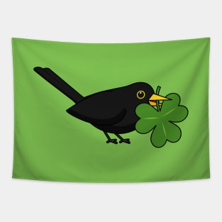 Cute Blackbird with Shamrock Clover Cartoon Tapestry