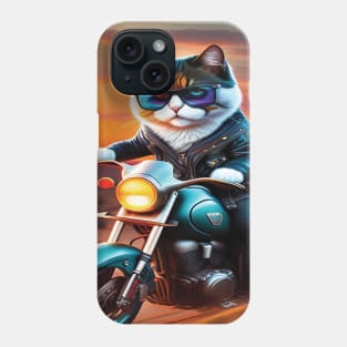 Cat with glasses riding a motorbike sunset Phone Case