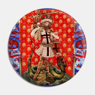 St. George and Dragon Medieval Miniature ,Red Blue White Floral Motifs Pin