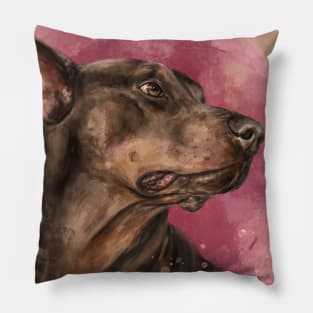 Painting of a Gorgeous a Brown Doberman on Dark Pink Background Pillow