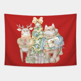 cute fox and deer with presents in front of christmas tree Tapestry