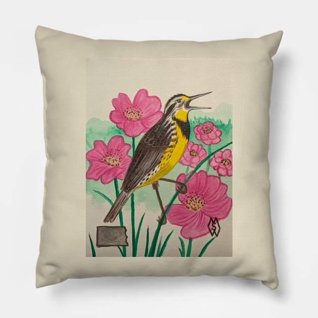 North Dakota state bird and flower, the meadowlark and wild prairie rose Pillow by Matt Starr Fine Art