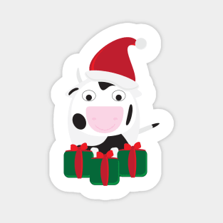 Cute Cartoon Cow with Santa Hat and Green Red Gifts Magnet