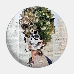 Collage Skull Woman Flowers Pin