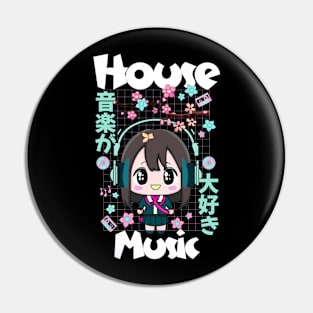 HOUSE MUSIC - Cute Kawaii Character (White/teal/pink) Pin