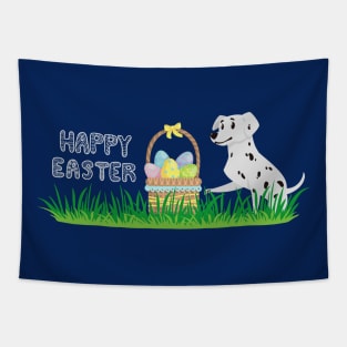 Happy Easter with Basket Full of Eggs on Grass and Dalmatian Dog Tapestry
