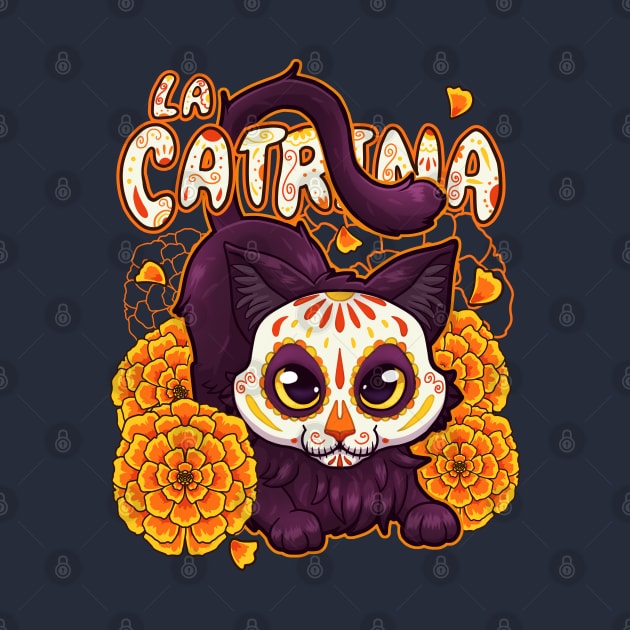 black furry cute cat with catrina skull mask and flowers by ISAGU ART STORE