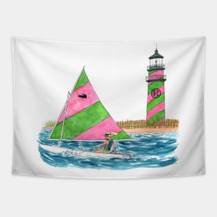 Pink and Green Sunfish Sailboat with Lighthouse! Tapestry