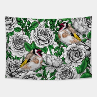 White Rose flowers and goldfinch birds Tapestry