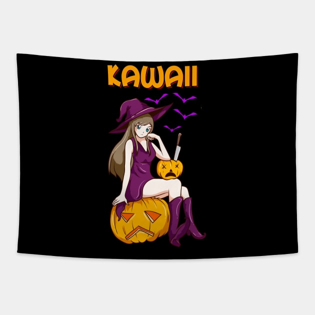 Kawaii Girl Halloween Anime Witch Waifu Tapestry by theperfectpresents