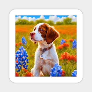 Brittany Puppy in Texas Wildflower Field Magnet